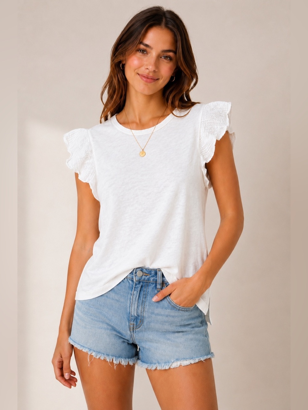 UpWest NWT White Flutter Sleeve Gauze Tee Side Slit Medium Boho Coastal